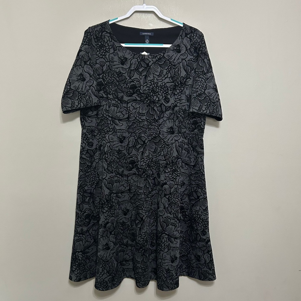 Lands' End Women's Dress 1X 16W-18W Gray Black Velvet Floral Fit & Flare‎ NWT